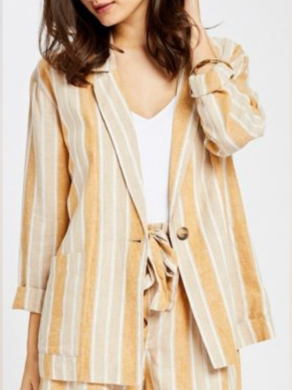 GENTLE FAWN Linen Tan & White Preppy Striped Relaxed Lightweight Coastal Blazer